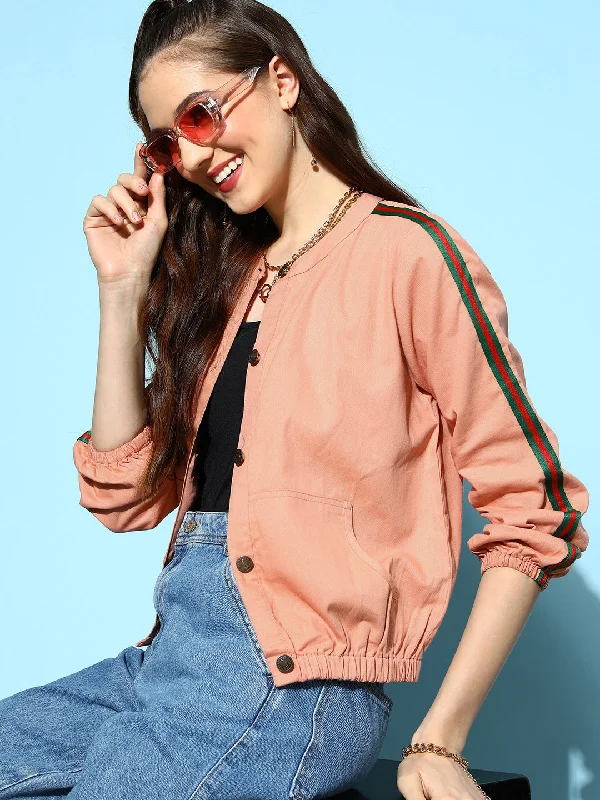 Women's Coats with Fur Trimmed CollarWomen Pink Denim Bomber Sleeve Tape Jacket