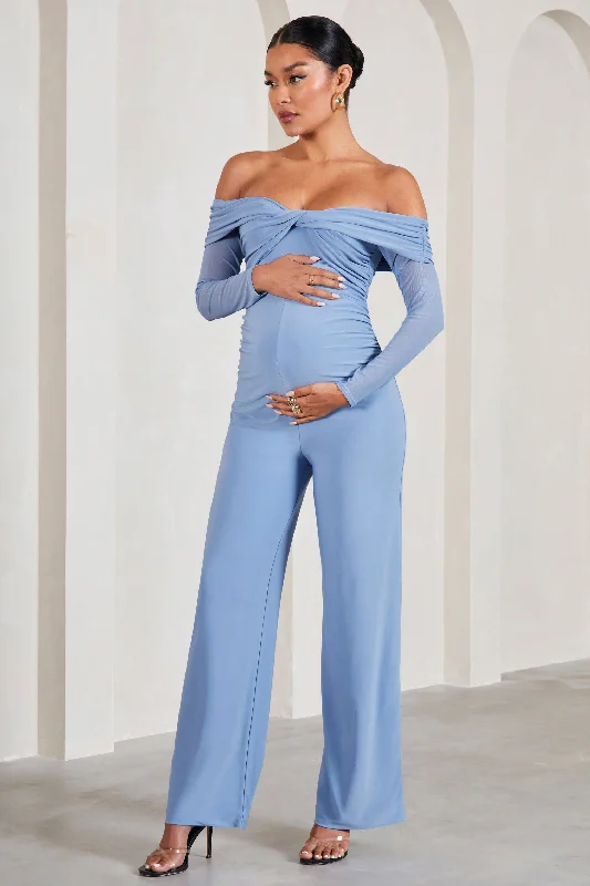 Women's Jumpsuits with U-Shaped CollarKyla | Cornflower Blue Ruched Bardot Long-Sleeved Wide-Leg Maternity Jumpsuit