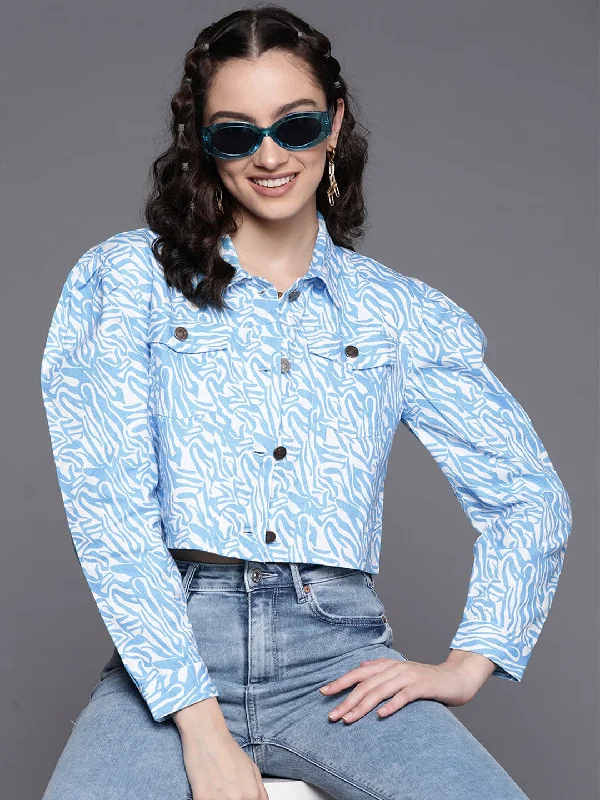 Stylish Women's CoatsWomen Blue Abstract Print Twill Crop Jacket