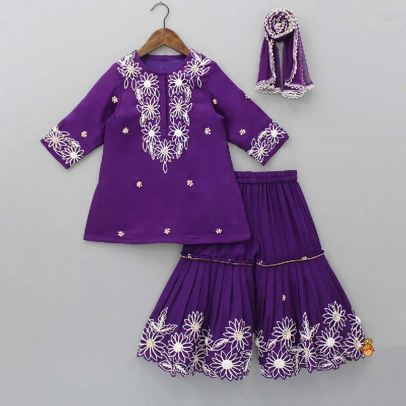 Women's Jumpsuits with Rounded CollarPurple Front Placket Kurti And Pleated Sharara With Net Dupatta