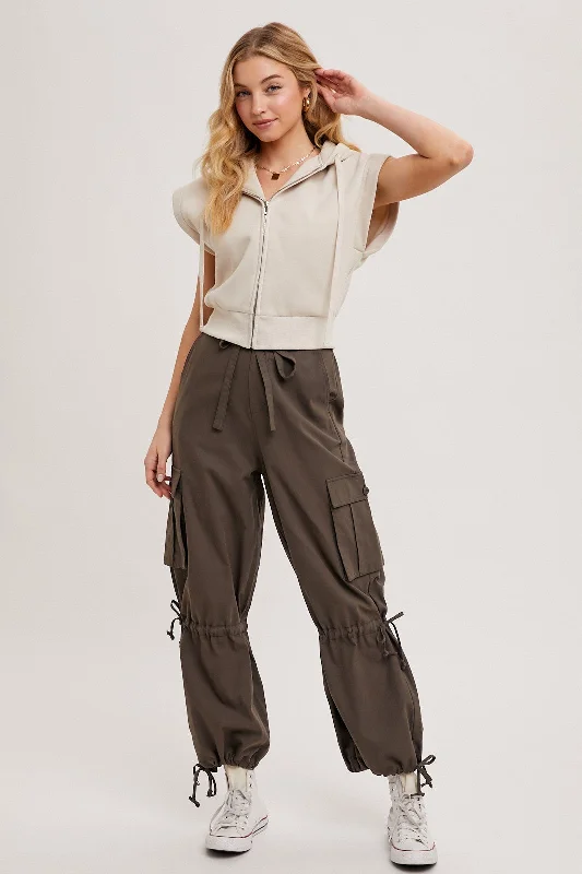 Women's Jodhpurs with Collarless DesignAsh High-Rise Drawstring Cargo Wide Leg Pants