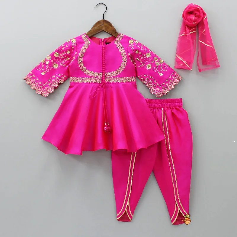 Women's Jumpsuits with U-Shaped CollarPotli Buttons Detail Front Open Pink Kurti And Dhoti With Net Dupatta