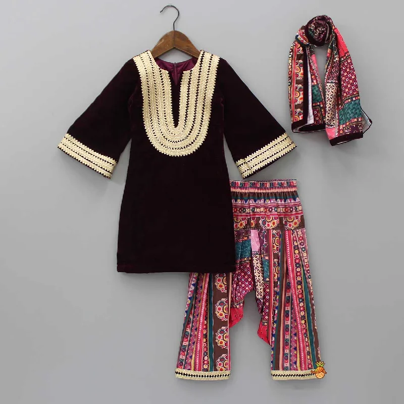 Women's Jumpsuits with Mandarin CollarLace Work Velvet Kurti With Multi Colour Printed Salwar And Dupatta