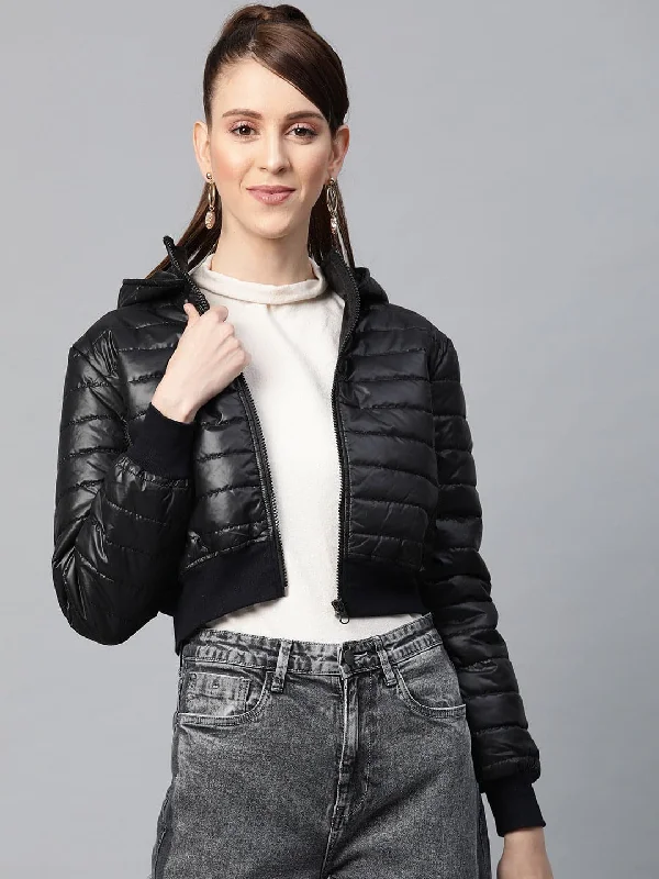 Women's Coats with BeltBlack Hooded Crop Bomber Puffer Jacket