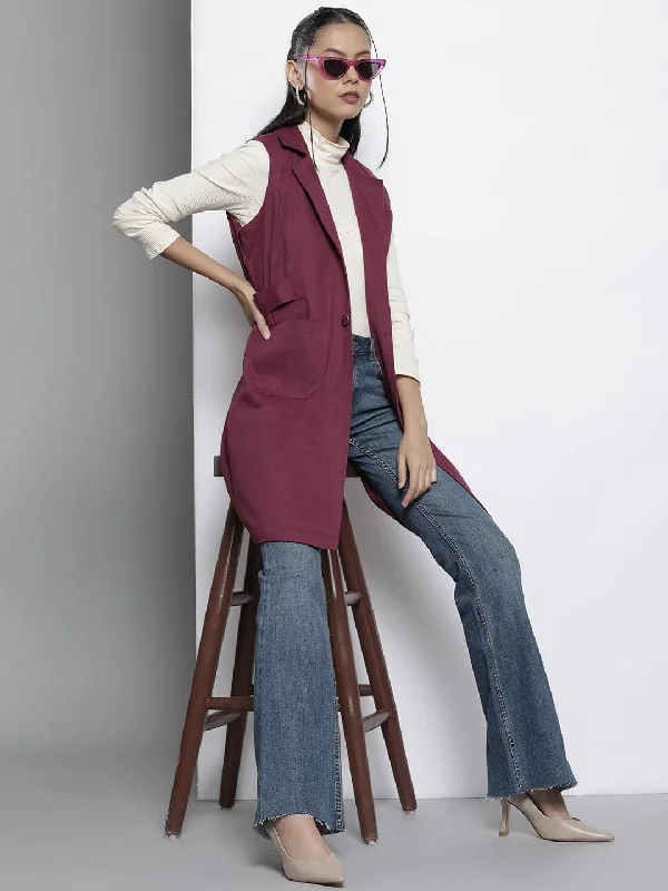 Women's Button-Up CoatsWomen Burgundy Twill Longline Sleeveless Jacket