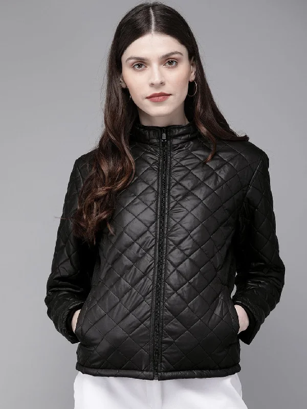 Women's Trench CoatsBlack Quilted Hooded Puffer Jacket