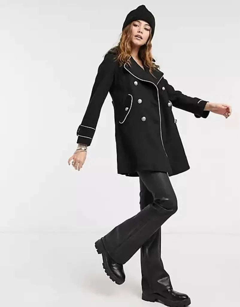 Women's Coats with Fur Trimmed SleevesMilitary Coat with Contrast Buttons (C10215)