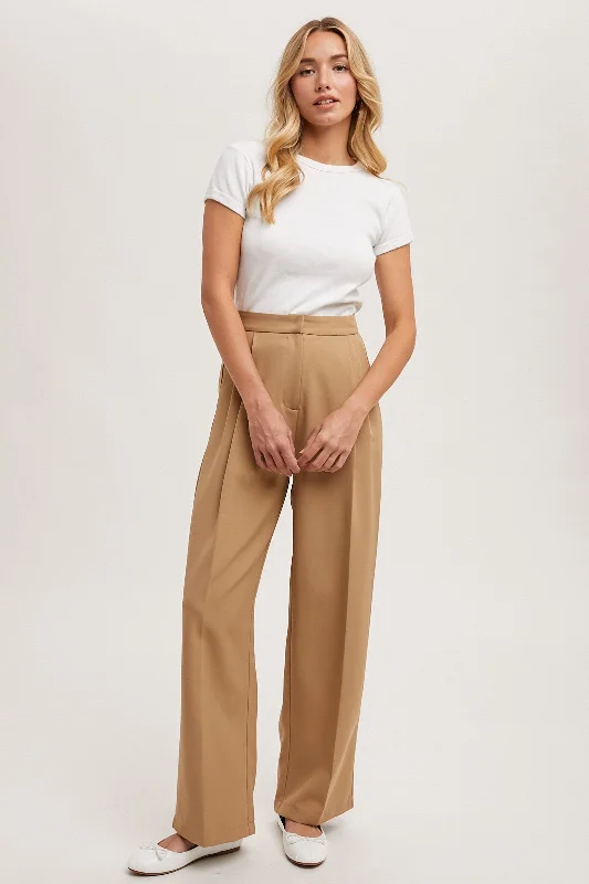 Women's Jodhpurs with Collarless DesignTaupe Pleated Wide Trouser Pants