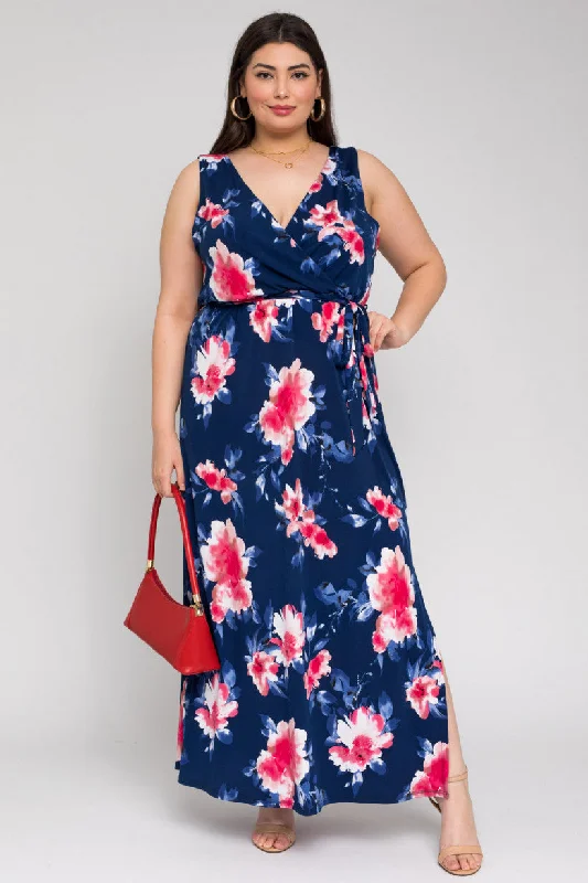 Women's Maxi DressesSleeveless V-Neck Tie Waist Maxi Dress | Navy/Mauve Floral