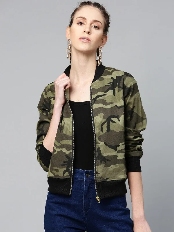 Women's Coats with Fur Trimmed HoodGreen Camouflage Bomber Zipper Jacket