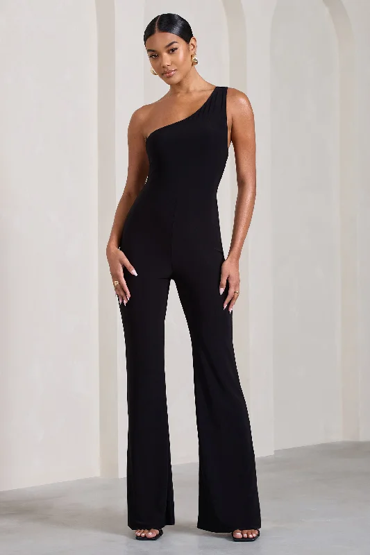 Women's Jumpsuits with Tapered LegIn The Dark | Black Sleeveless Asymmetric Flared-Leg Jumpsuit