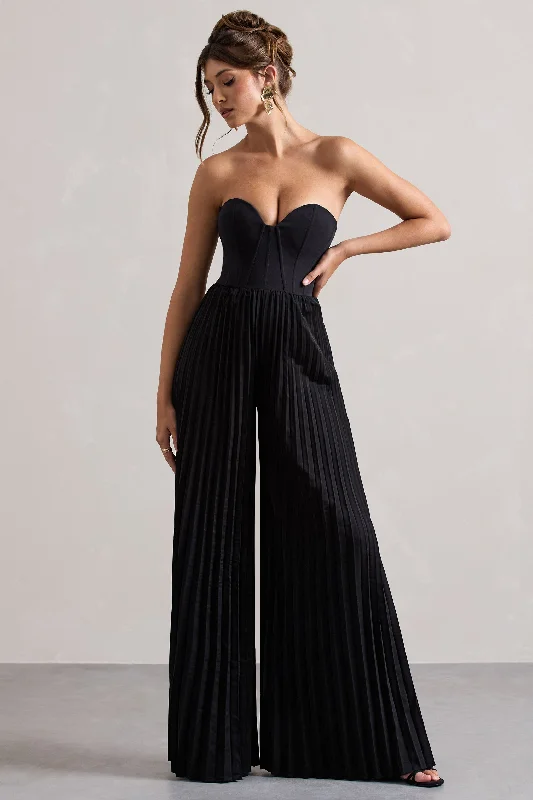 Women's Jumpsuits with High CollarLorelai | Black Corset Plisse Wide-Leg Jumpsuit