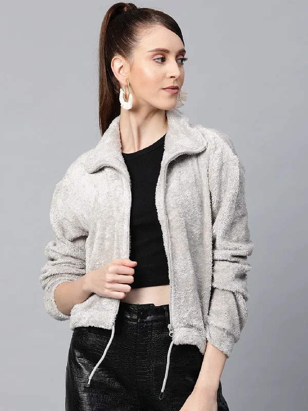 Women's Wool CoatsGrey Drawstring Faux Fur Jacket