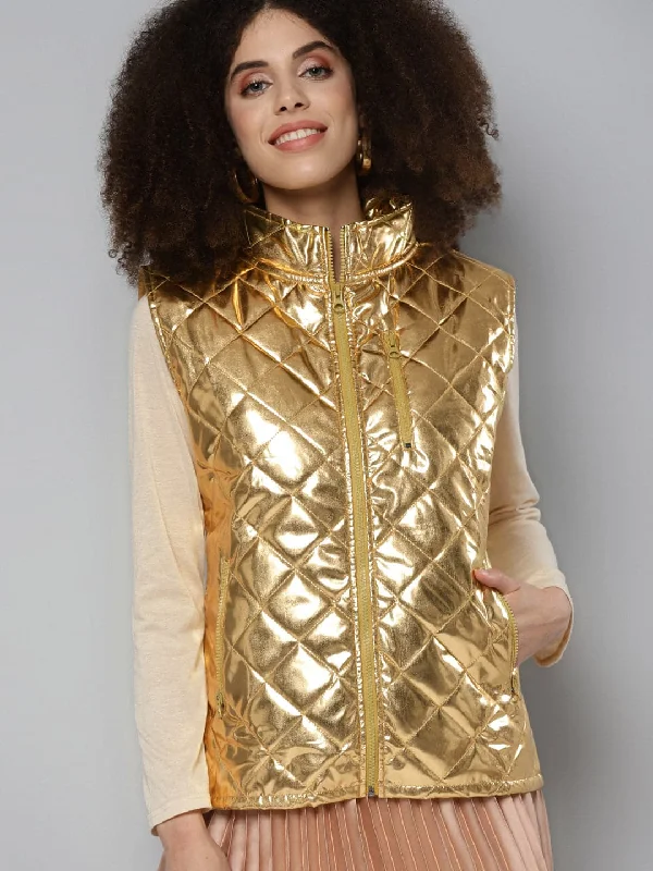 Women's Coats with Fur Trimmed CollarGold Metallic Sleeveless Puffer Jacket