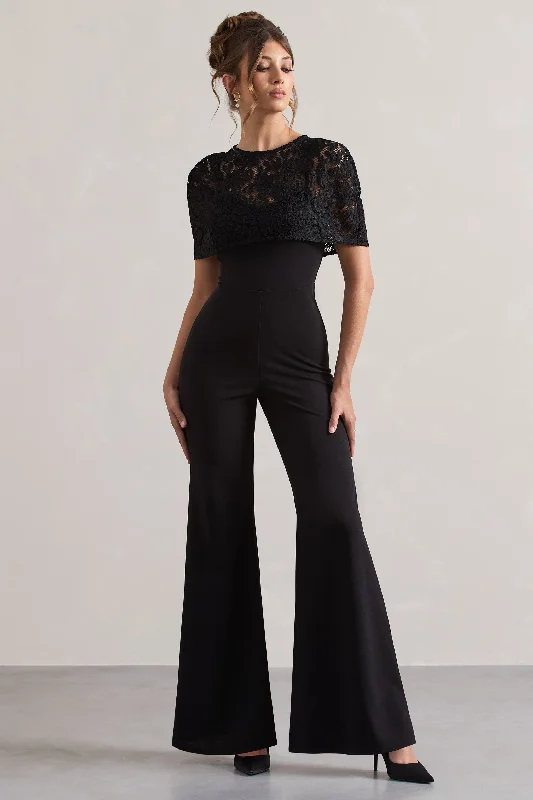 Women's Jumpsuits with Mandarin CollarEndless | Black Flared-Leg Jumpsuit With Lace Overlay