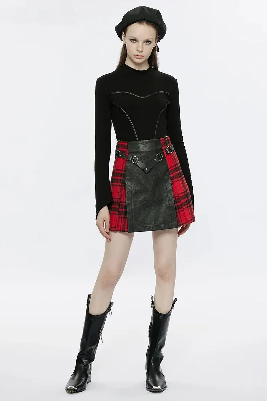 Women's Stretch SkirtsWomen's Black+Red Plaid Splicing Rivet Metal Buckle Belt Daily A-Line Personality Mini Skirt