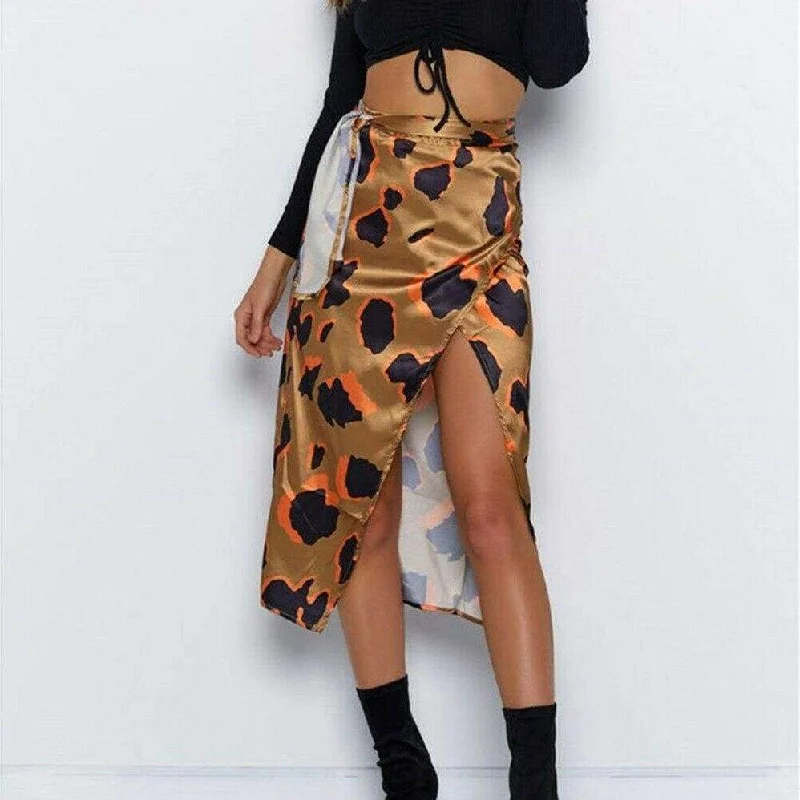 Women's Non-Stretch SkirtsFashionSierra - Women High Waist Leopard Print Split Midi Sundress