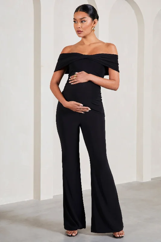 Women's Jumpsuits with Mid WaistElisa | Black Bardot Flared-Leg Maternity Jumpsuit