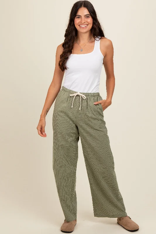 Women's Jodhpurs with Sweetheart CollarOlive Drawstring Checker Plaid Pants