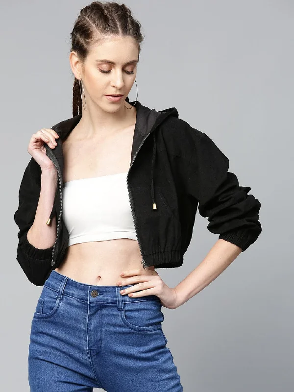 Women's Coats with CollarBlack Hooded Boxy Corduroy Crop Jacket