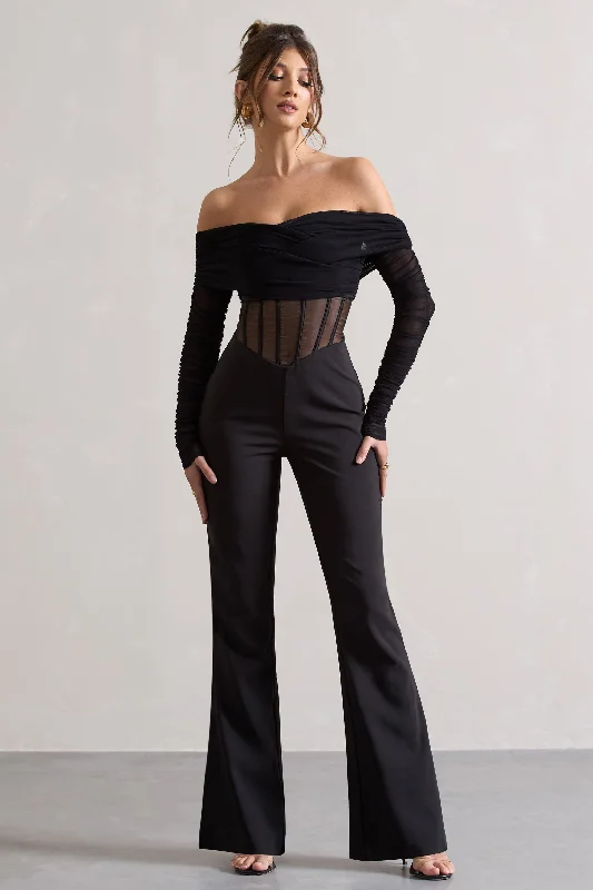 Women's Jumpsuits with Keyhole CollarInto The Night | Black Sheer Bardot Long-Sleeved Corset Jumpsuit