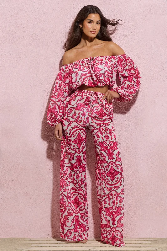 Women's Jumpsuits with Keyhole NeckBea | Pink Porcelain Print Chiffon Split Wide-Leg Trousers