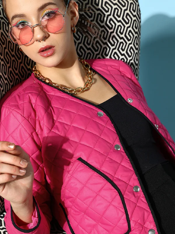 Women's Coats with Fur Trimmed BeltWomen Fuchsia Piping Detail Quilted Jacket