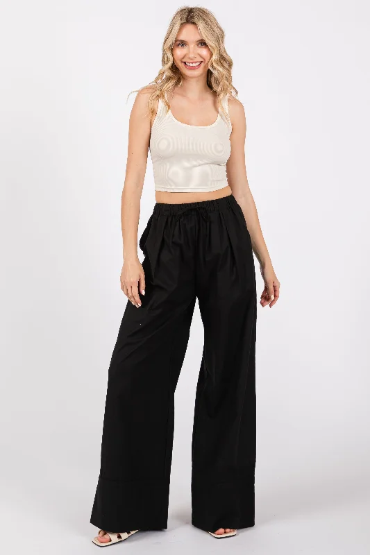 Women's Jodhpurs with Lapel CollarBlack Pleated Drawstring Waist Pants