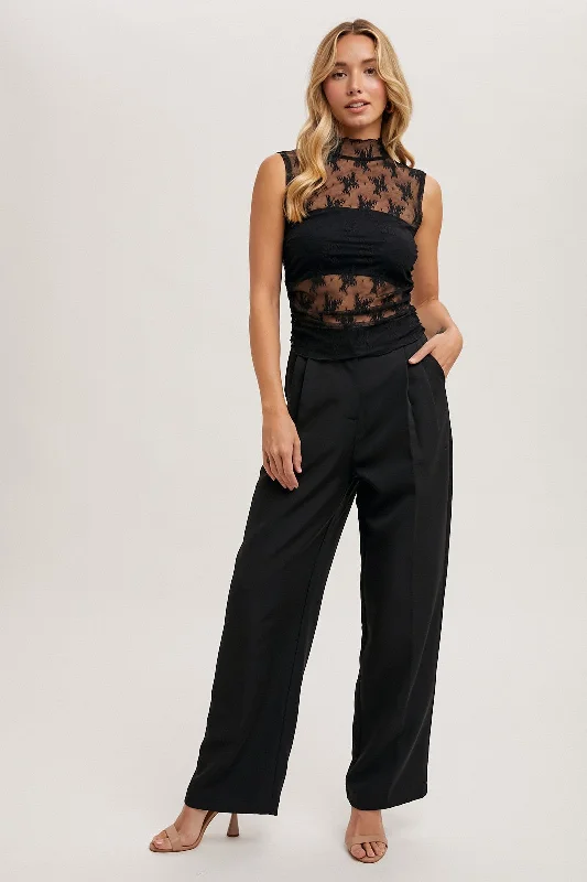 Women's Jodhpurs with Sweetheart NeckBlack Pleated Wide Trouser Pants