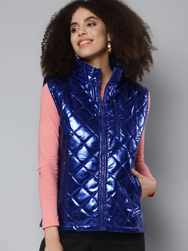 Women's Coats with Fur Trimmed PocketsRoyal Blue Metallic Sleeveless Puffer Jacket