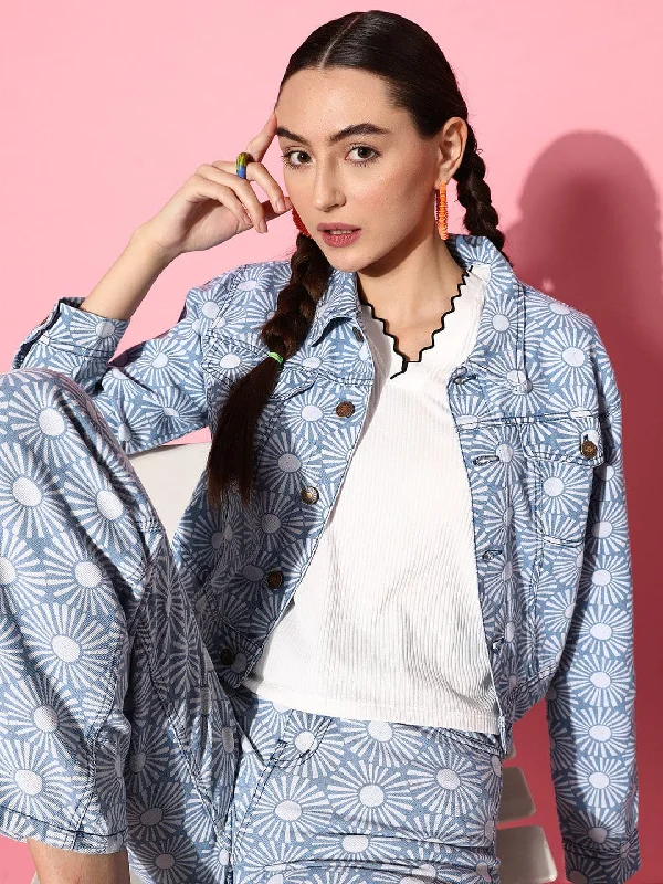 Women's Coats with Fur Trimmed ButtonsWomen Blue Floral Print Denim Jacket