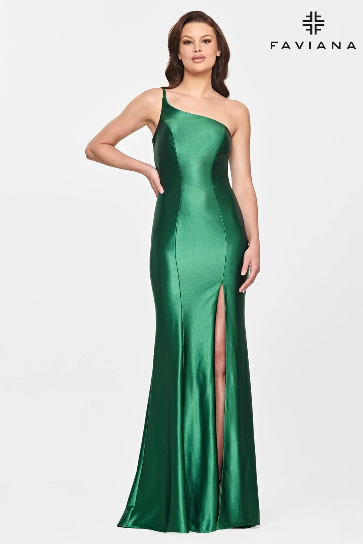 Women's Off-the-Shoulder DressesFaviana 10811 Satin One Shoulder Strap Gown | Dark Emerald