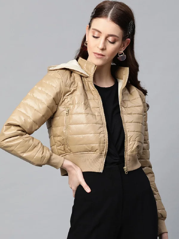 Women's Zip-Up CoatsKhaki Hooded Crop Bomber Puffer Jacket