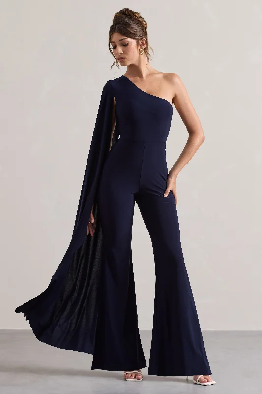 Women's Jumpsuits with Wide CollarJulie | Navy Asymmetric Flared-Leg Jumpsuit With Cape Sleeve