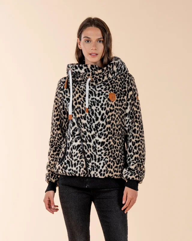 Women's Hooded Sweatshirts with Ribbed WaistBliss Sherpa Leopard Print Hoodie