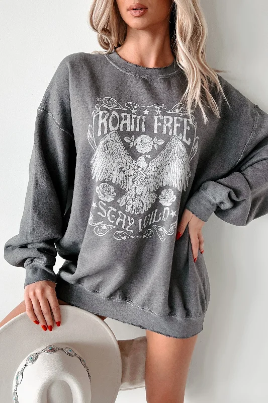 Women's Hooded Sweatshirts with Corduroy Lining"Roam Free" Oversized Distressed Graphic Sweatshirt (Charcoal)