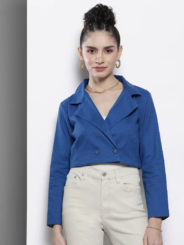 Women's Coats with ButtonsWomen Blue Twill Crop Blazer