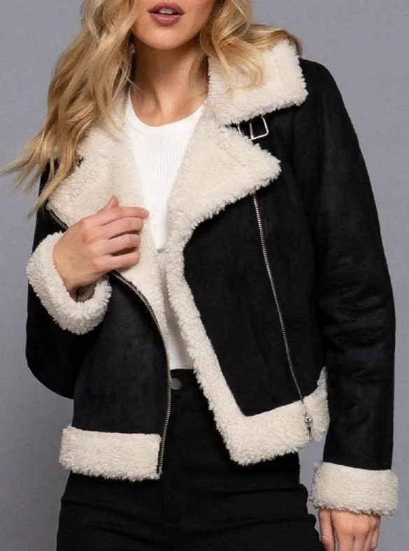 Women's Coats with Fur Trimmed ButtonsFaux Suede Bomber Jacket