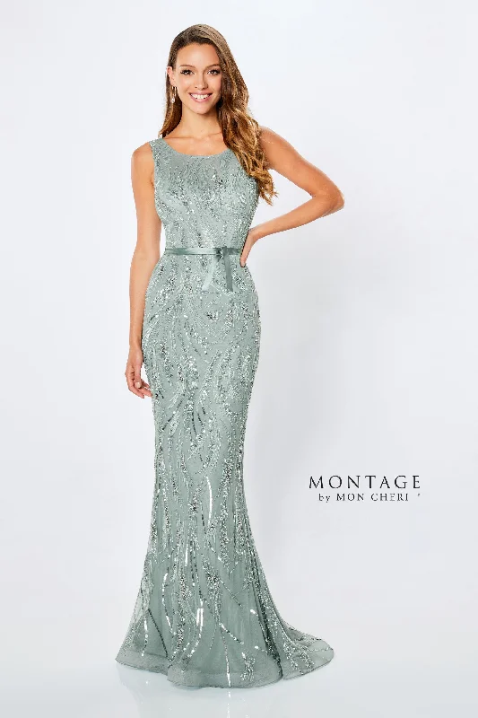 Women's Collarless DressesMontage 221965 Scoop Neck Fit & Flare Sequin Gown With Belt