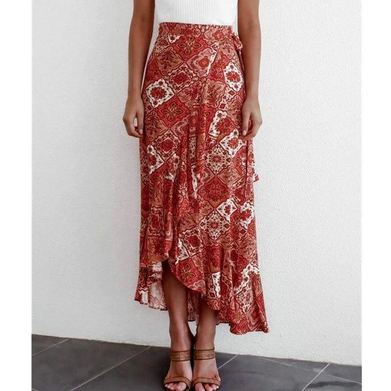 Women's Printed SkirtsFashionSierra - Women Boho Floral Jersey Gypsy High Waist Long Skirt Ladies Summer Beach Holiday Casual Ruffle Wrap Sundress