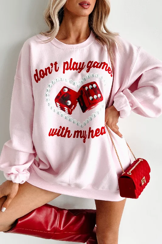 Women's Hooded Sweatshirts with Relaxed Waist"Don't Play Games With My Heart" Graphic Crewneck (Light Pink)