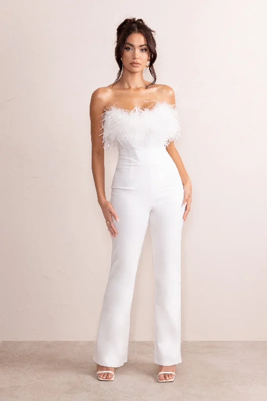 Women's Jumpsuits with Capri LengthTessa | White Shaped Neckline Corset Jumpsuit With Feather Trim Detail