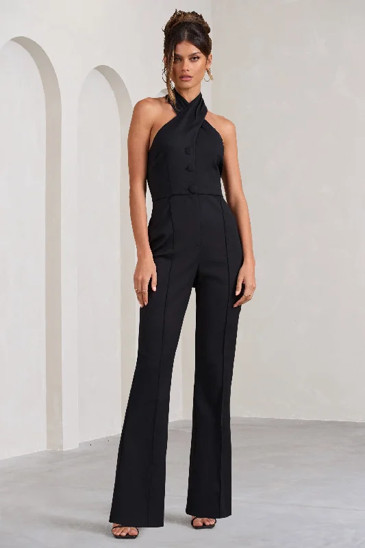 Women's Jumpsuits with U-Shaped CollarDon't Cross Me | Black Halter Neck Tailored Buttoned Sleeveless Jumpsuit