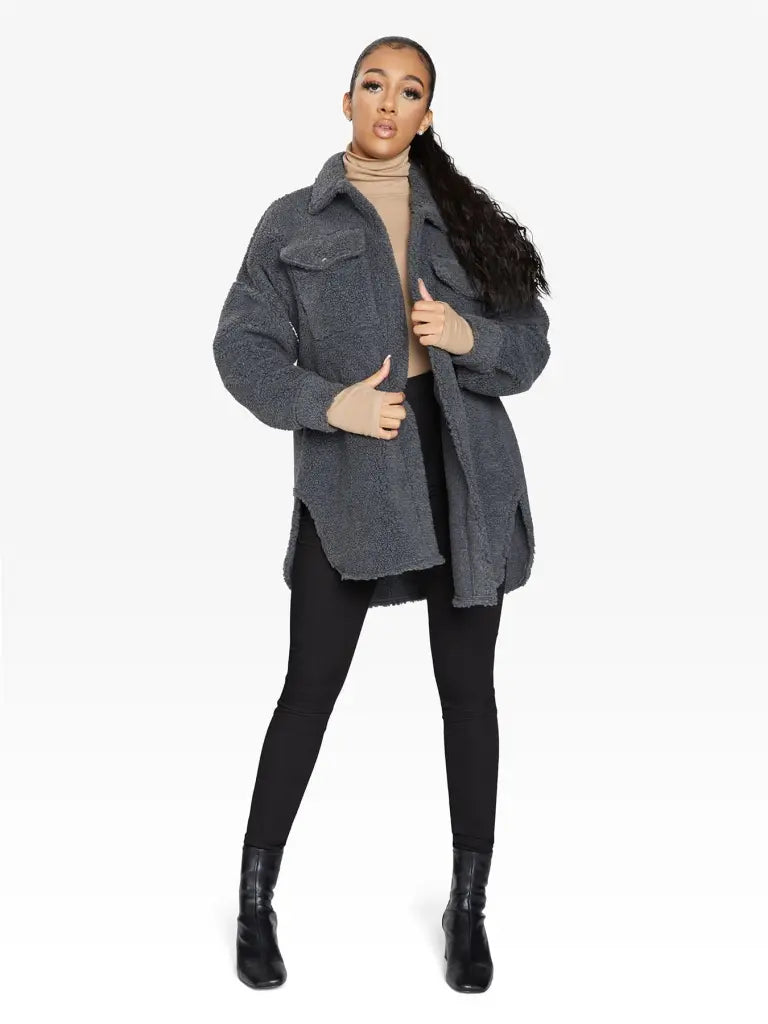 Women's Coats with Fur Trimmed SleevesOversized Stud Button Borg Teddy Shacket