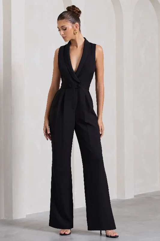 Women's Jumpsuits with Sweetheart CollarEndure | Black Tailored Sleeveless Wide-Leg Jumpsuit