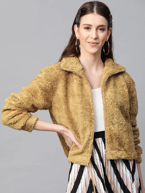 Women's PeacoatsMustard Drawstring Faux Fur Jacket