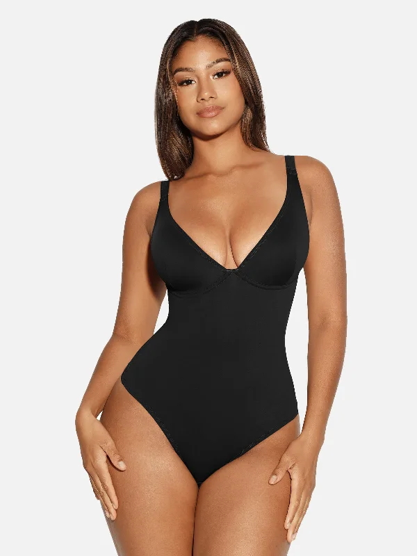 adjustable strap sports brasFeelingirl V Neck Tummy Control Thong Bodysuit