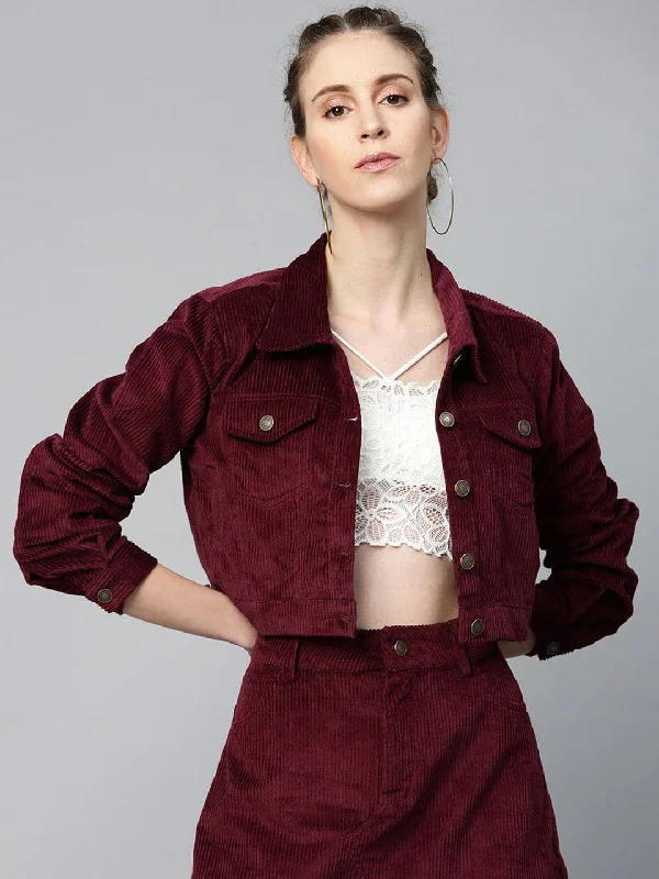 Women's Coats with Fur Trimmed ButtonsBurgundy Corduroy Boxy Jacket