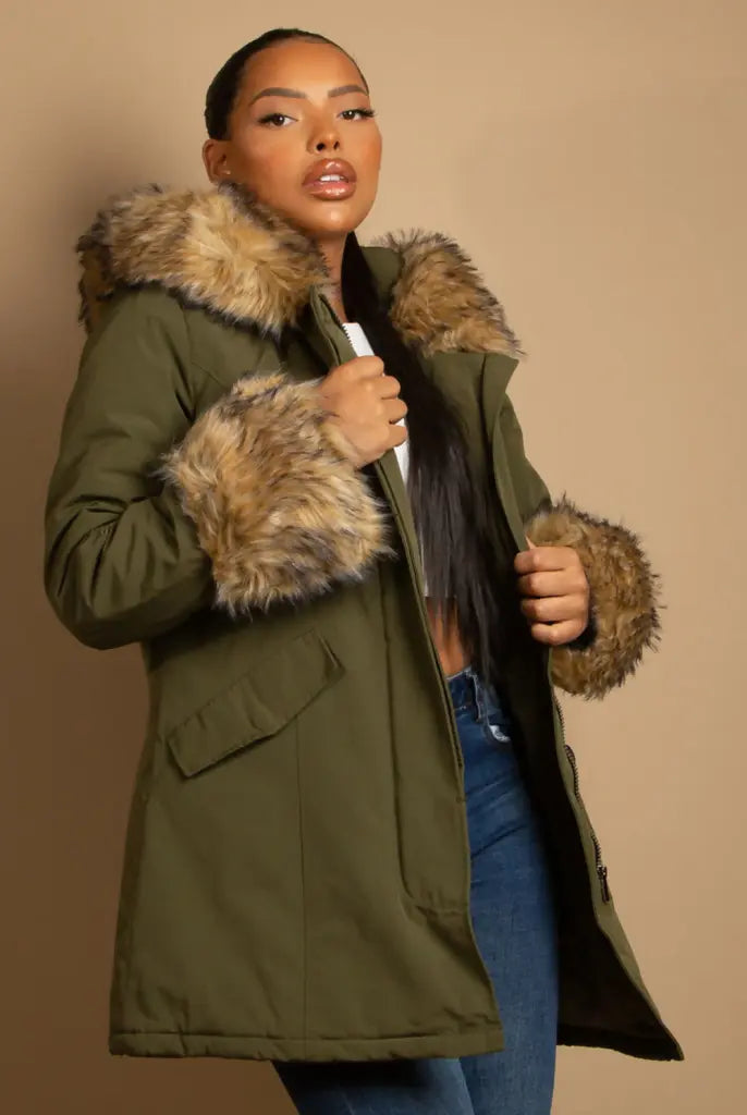 Women's Winter CoatsHooded Parka Coat With Chunky Faux Fur Cuff