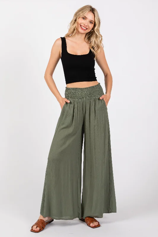  Women's High-Waisted PantsOlive Wide Smock Waist Pants